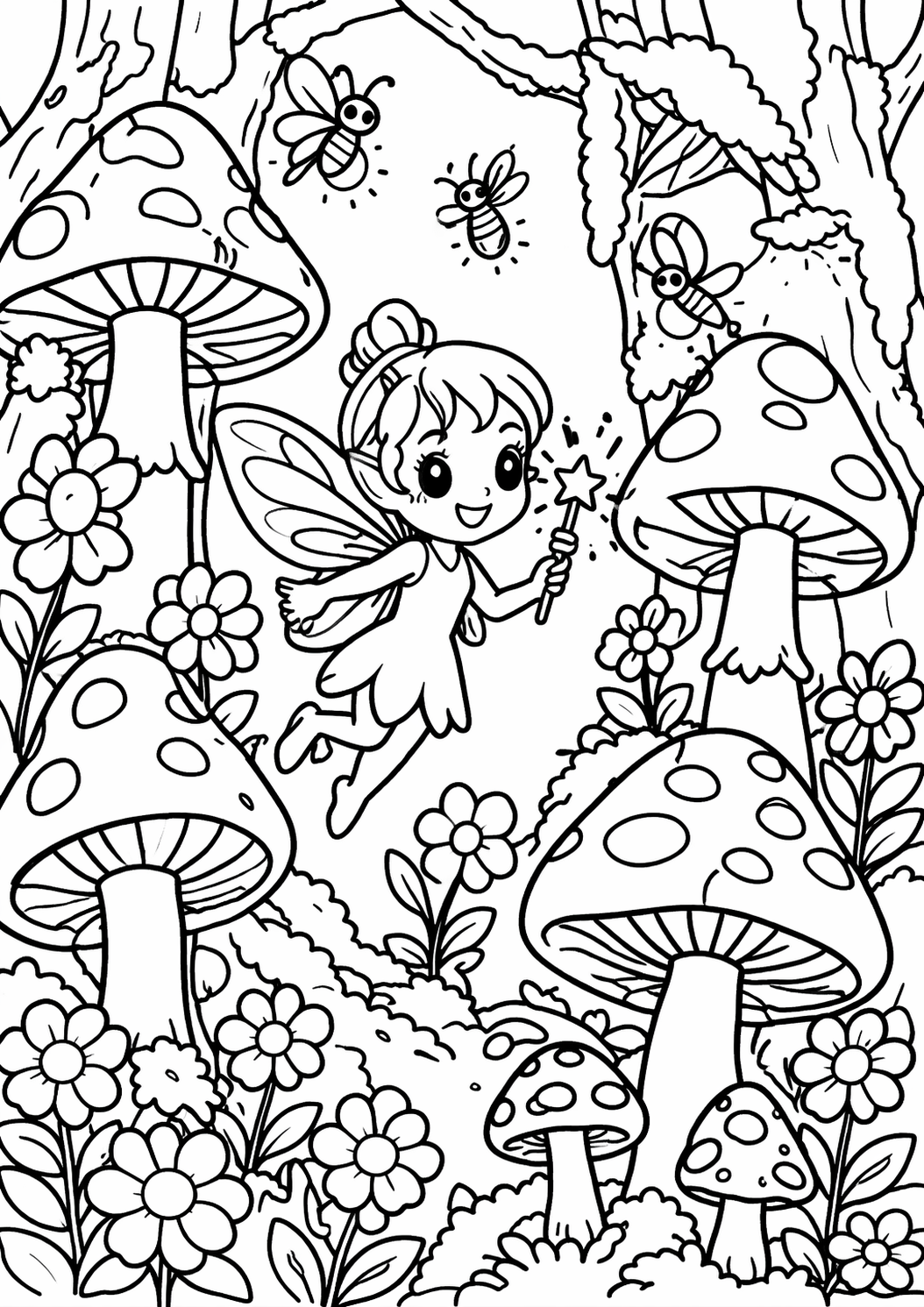 A whimsical fairy in a magical forest, surrounded by large spotted mushrooms, flowers, and buzzing bees. This delightful scene brings creativity and fantasy into the coloring experience for children.