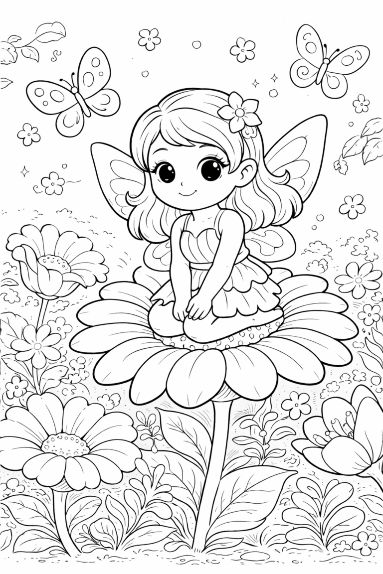 A charming fairy sits on a large flower, enveloped by flowers and fluttering butterflies, creating a magical garden scene on this coloring page.