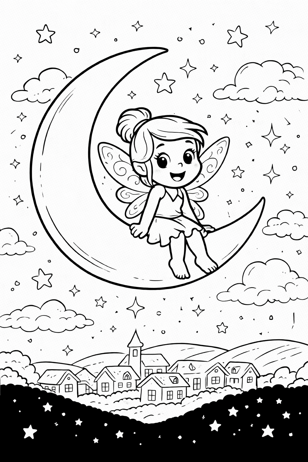 An enchanting coloring page with a fairy sitting on a crescent moon among stars and clouds. Below, a quaint village completes the magical scene. Perfect for children who love fantasy and coloring.
