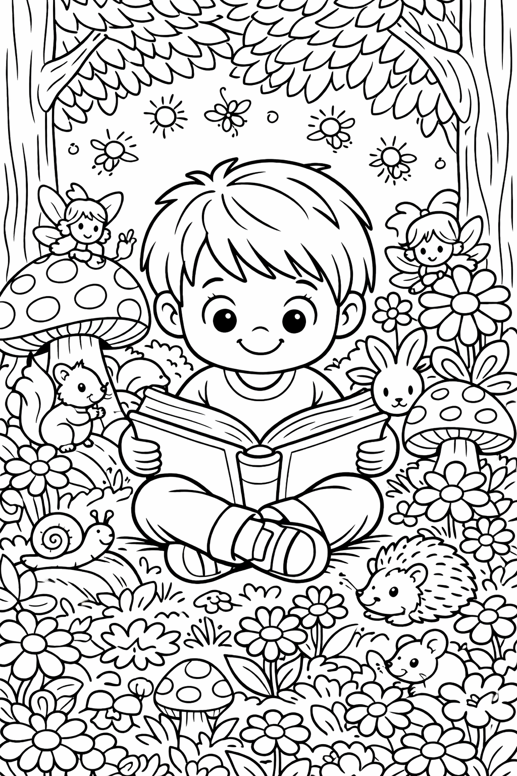 A child sits in a forest reading a book, surrounded by fairies, small animals like a hedgehog and bunny, flowers, and mushrooms, creating a whimsical fairy tale scene.
