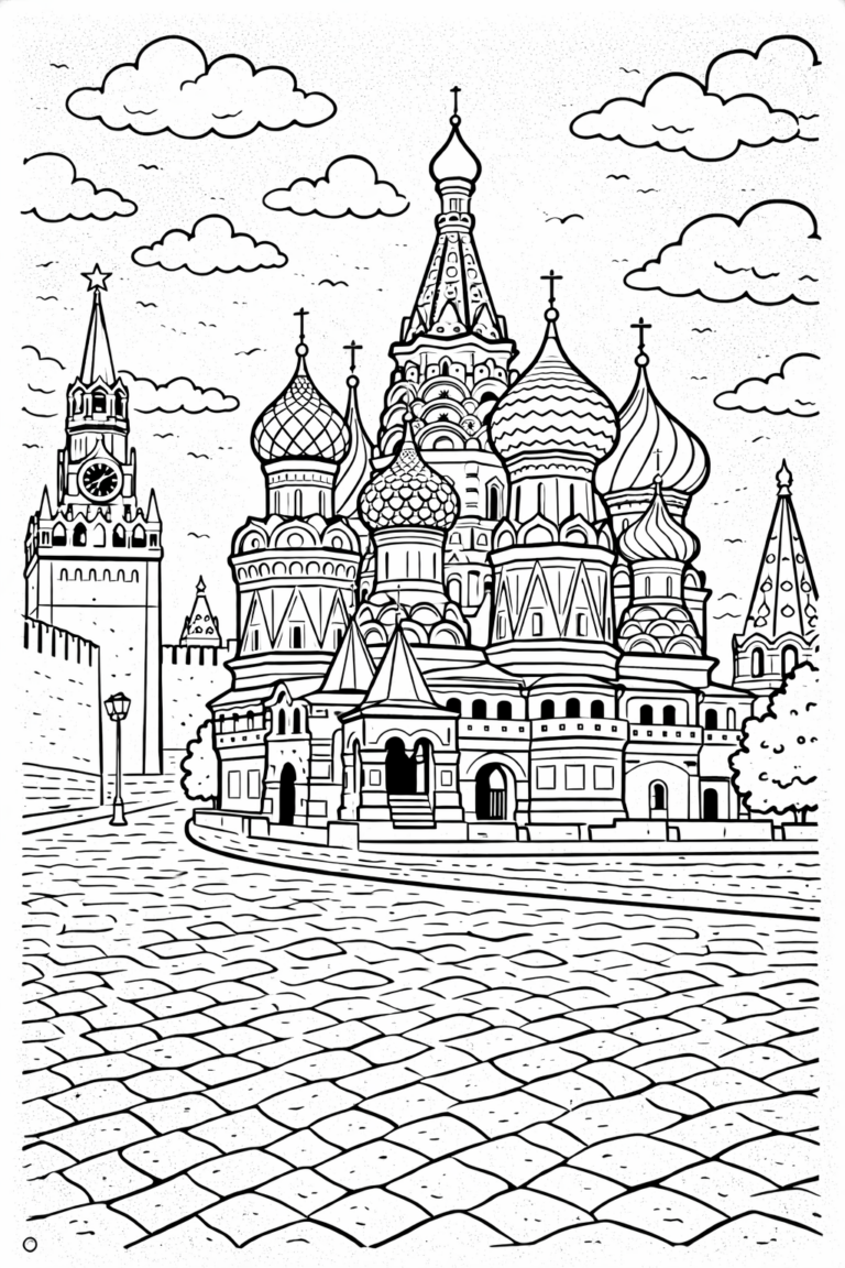 A detailed coloring page featuring the iconic domes and architecture of a famous Russian landmark, providing a fun and educational coloring experience for kids.