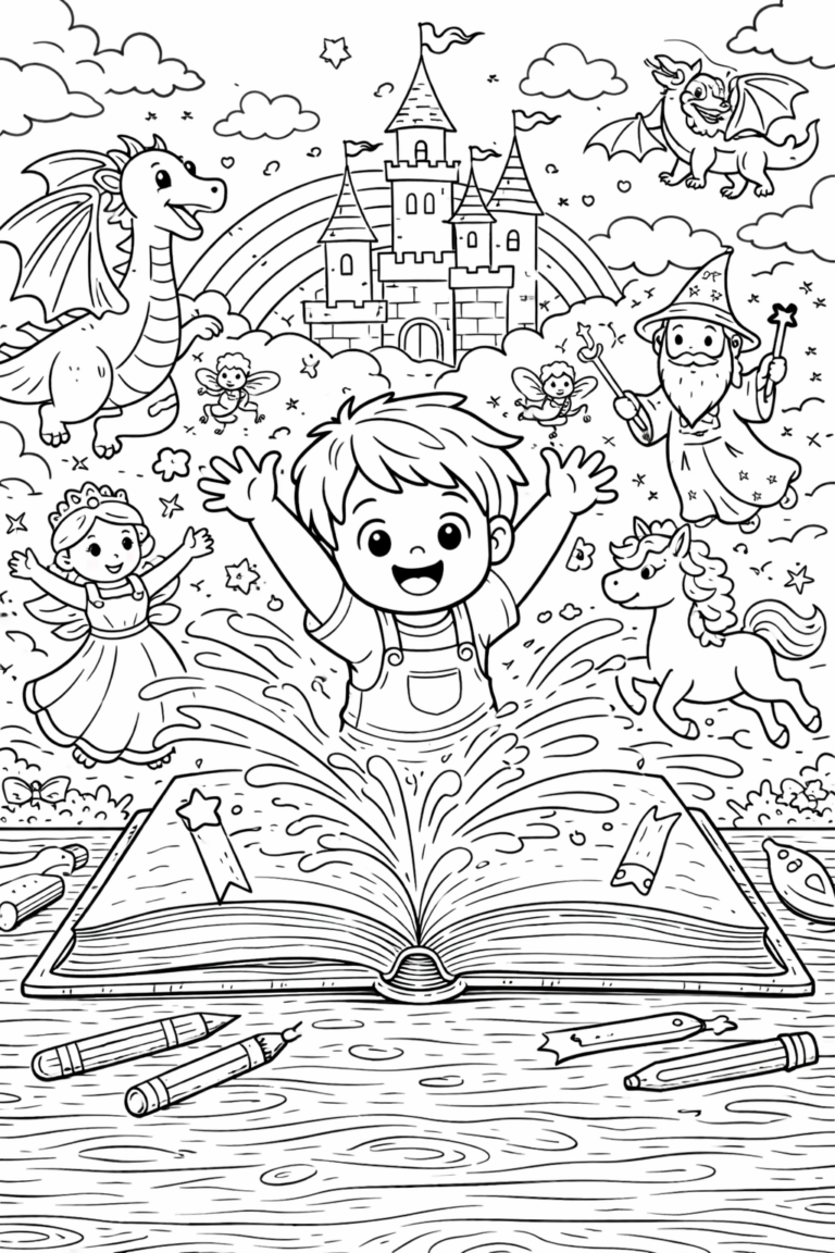 A coloring page showing a child with magical elements like a dragon, wizard, fairies, and a castle. It captures a whimsical fantasy scene perfect for children's imaginative coloring.
