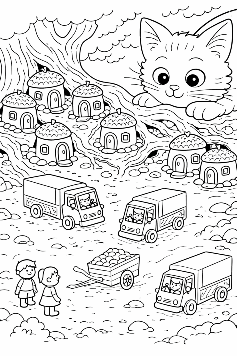 A detailed fantasy village coloring page featuring tiny acorn-shaped houses, a large cat overlooking the scene, and kittens driving small trucks, creating a whimsical atmosphere.