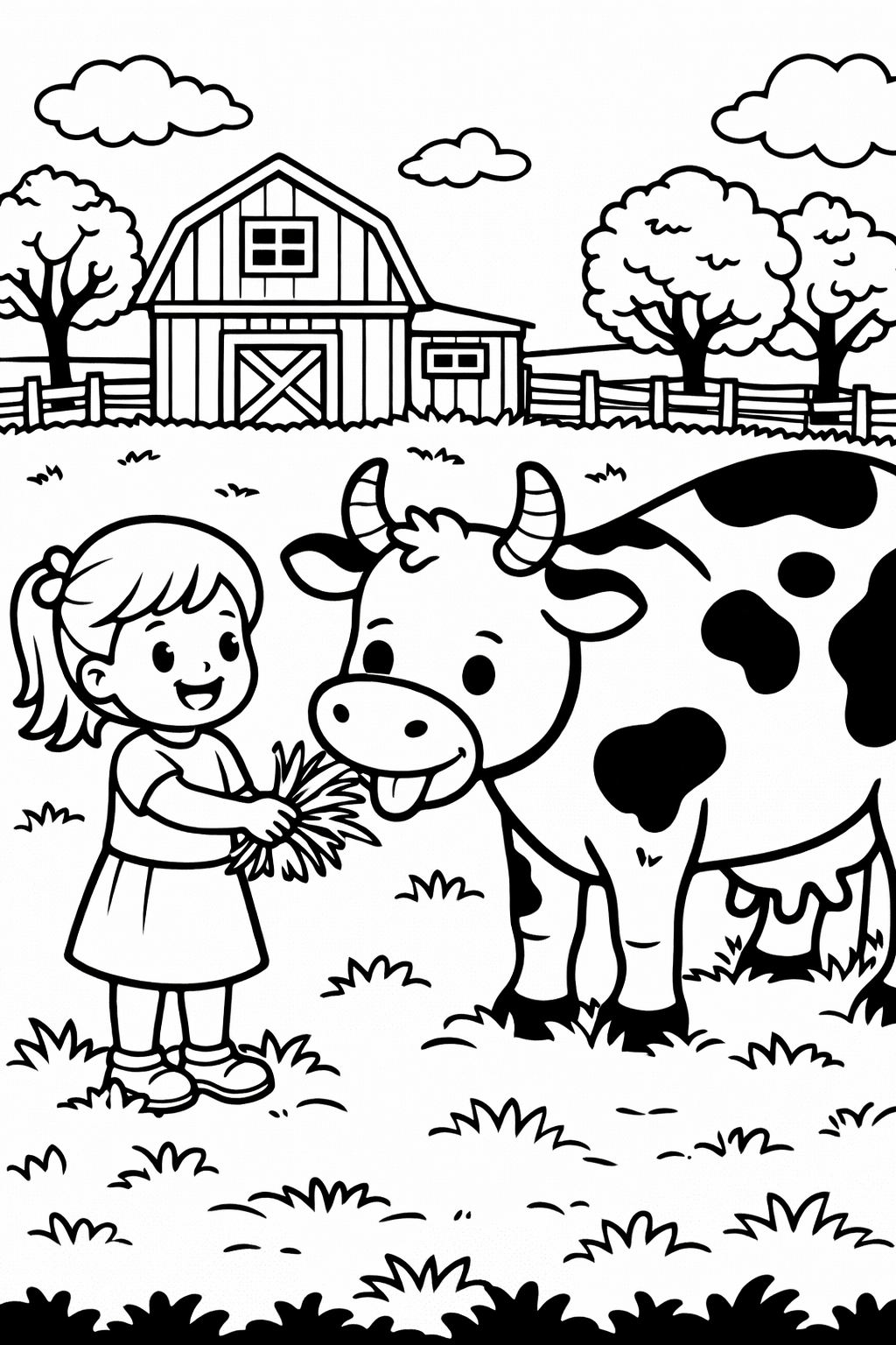 A cute farm scene shows a girl feeding a cow. The background has a barn, fence, and trees, creating a perfect pastoral view for kids to color and develop imaginative stories.