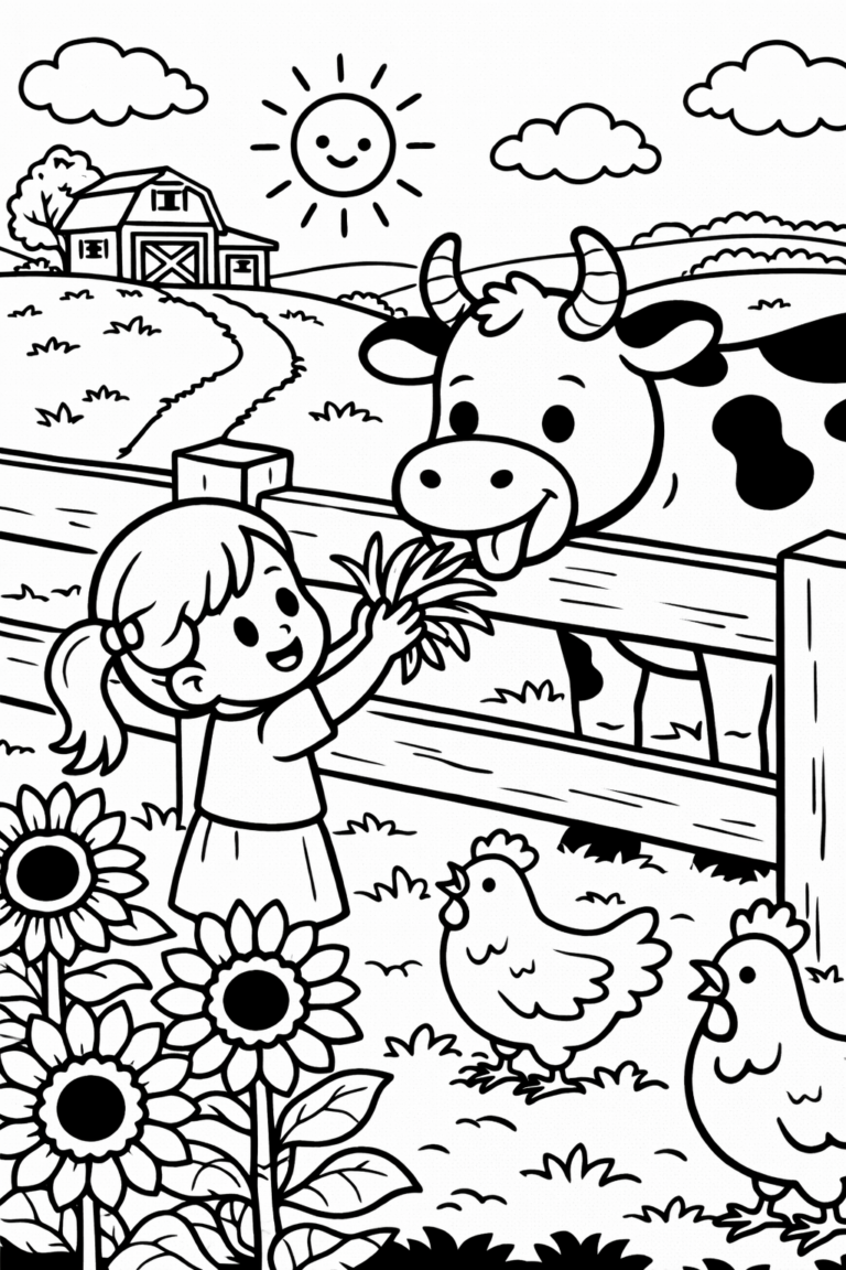 Charming coloring page showing a young girl feeding a cow on a sunny farm with cheerful chickens and blooming sunflowers in the background. Ideal for engaging children's creativity and storytelling.