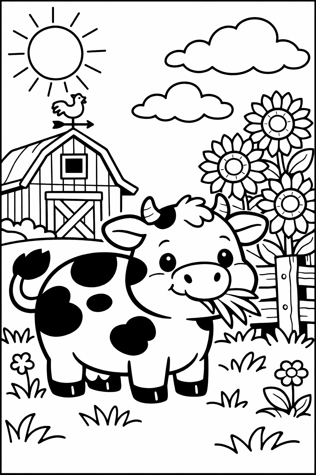 Farm scene coloring page showing a happy cow with grass. A barn and a rooster are visible in the background with sunflowers and a bright sun in the sky.