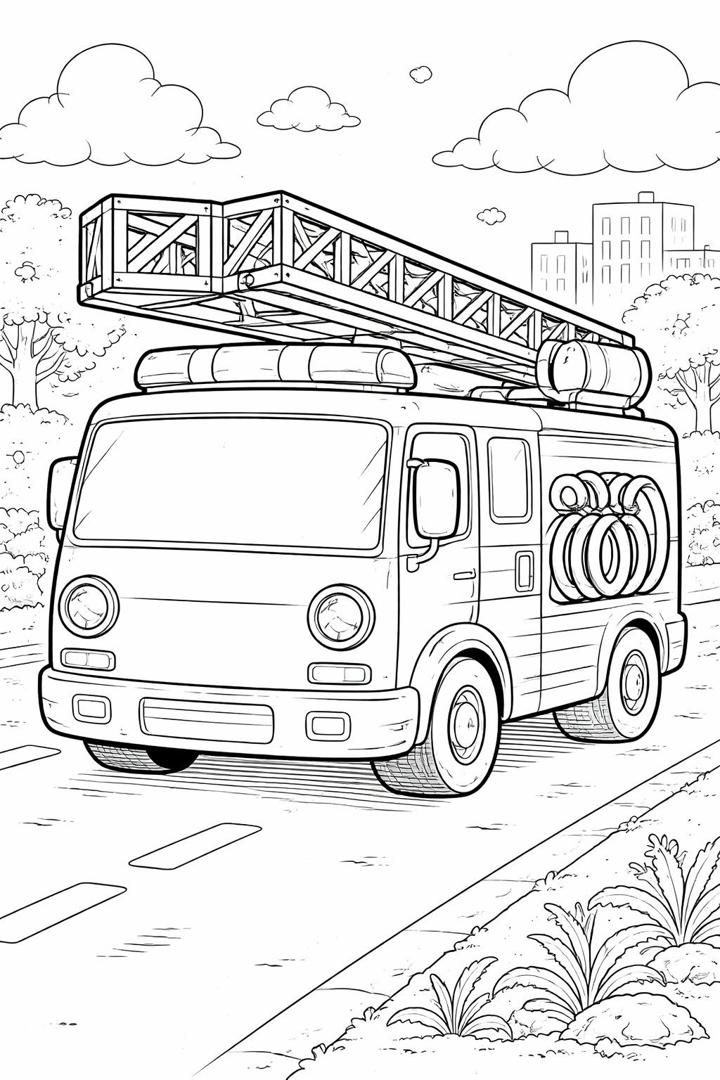 Detailed coloring page of a fire truck on a road with a cityscape in the background. Equipped with ladder, hose, and lights, this page invites children to explore creativity and color.