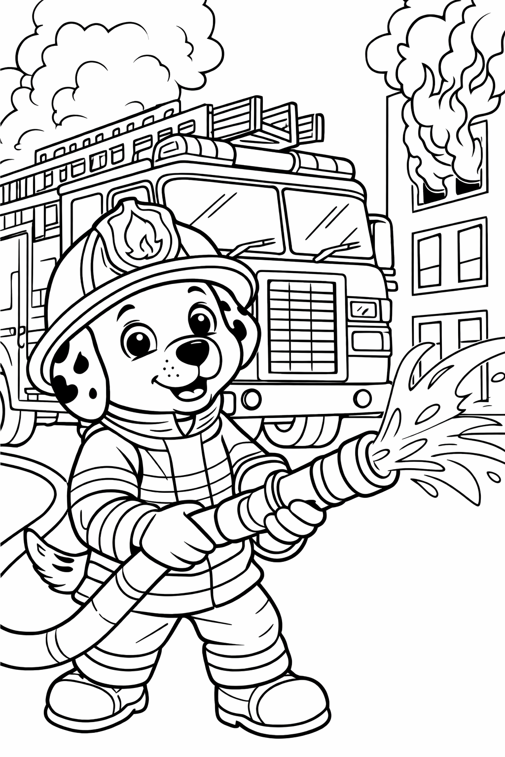 A coloring page of a firefighter puppy holding a hose, with a fire truck and a burning building in the background. Great for kids to learn about firefighting while having fun coloring.