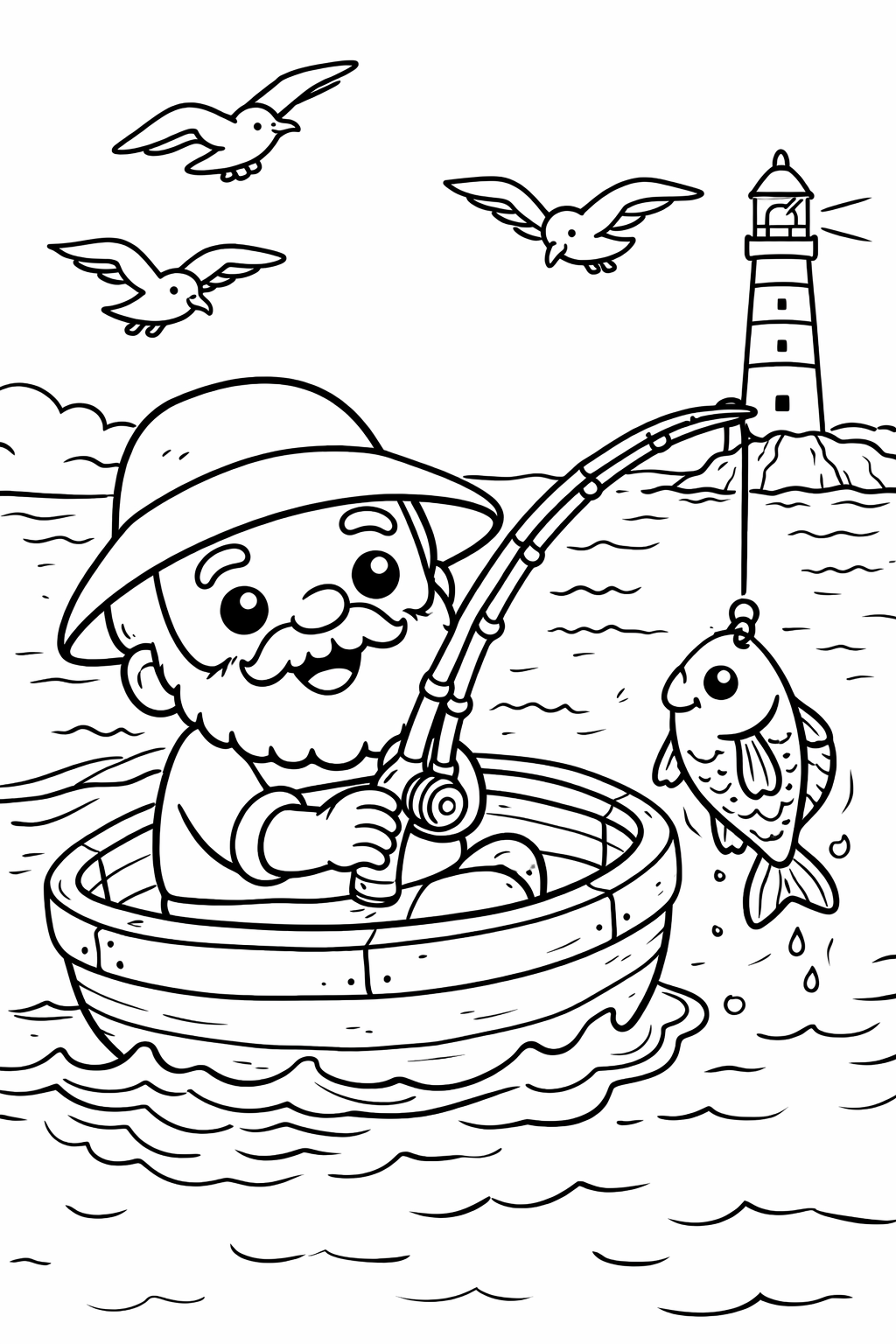 Coloring page showing a cheerful fisherman in a cute boat catching a fish, with a lighthouse in the background and seagulls soaring above. Children will enjoy adding colors to this engaging seaside scene.