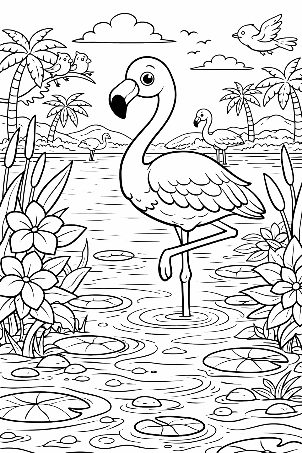 A delightful flamingo stands in a tropical lake surrounded by plants and birds. The scene captures a vibrant natural setting perfect for kids to color and explore.