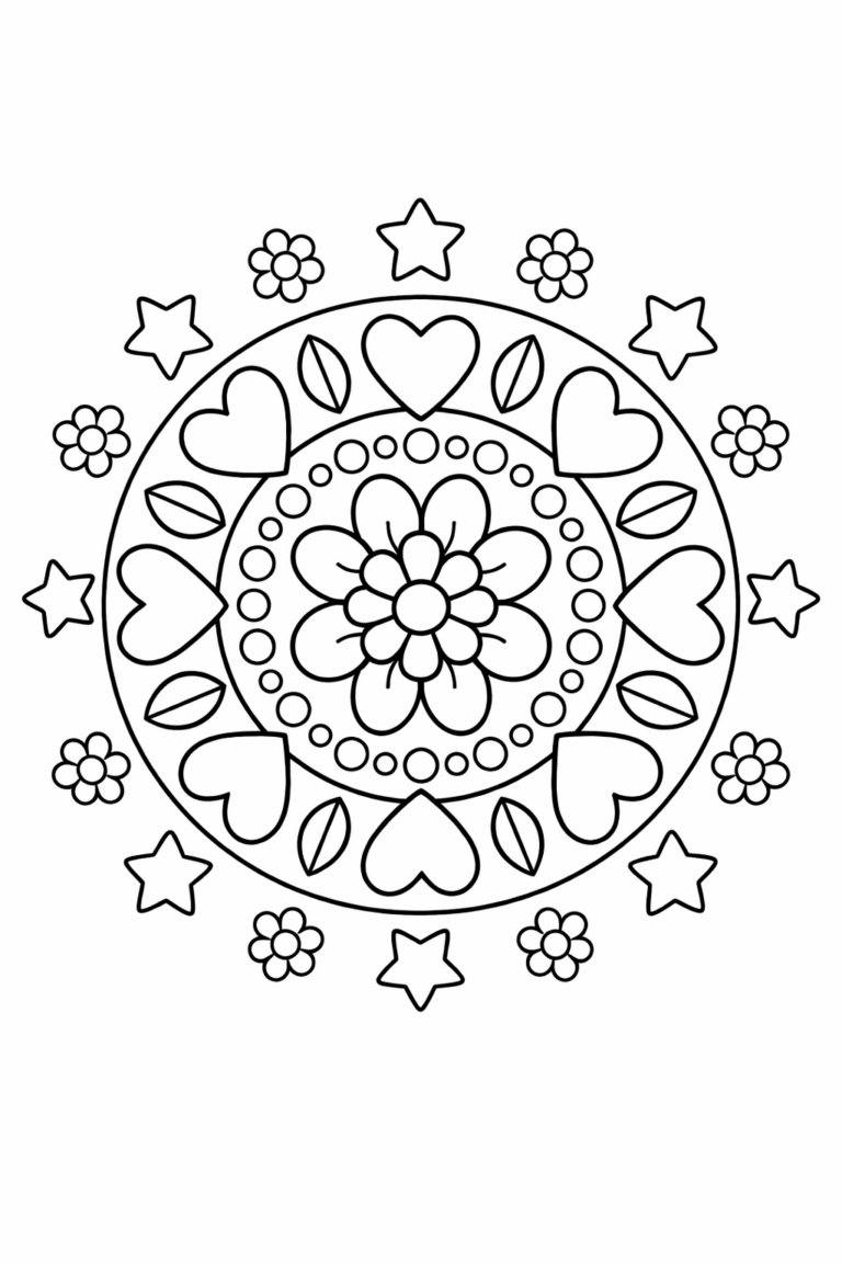 A dynamic coloring page showcasing a floral mandala with central flower, surrounded by hearts, stars, and small flowers, ready to inspire creativity in kids.