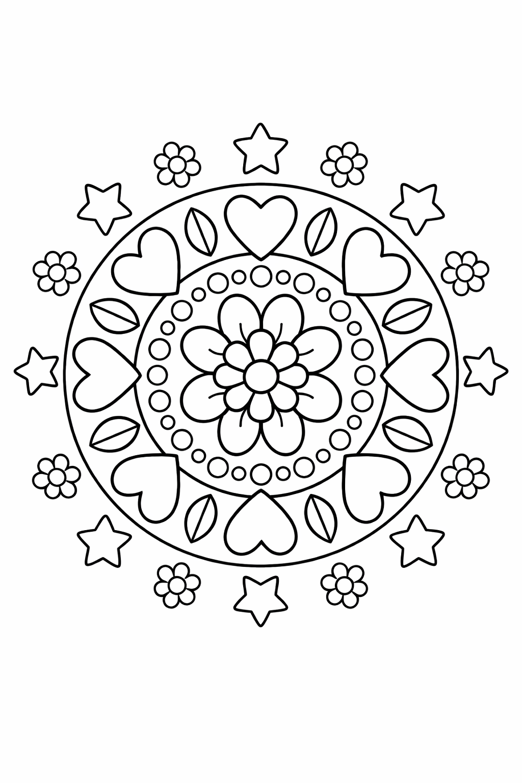 A dynamic coloring page showcasing a floral mandala with central flower, surrounded by hearts, stars, and small flowers, ready to inspire creativity in kids.