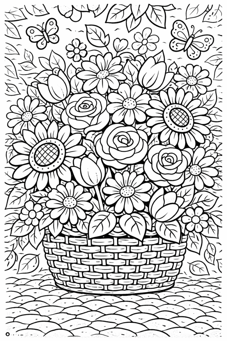 Children's coloring page depicting a detailed flower basket with sunflowers, roses, and daisies. Two butterflies enhance the scene, offering a joyful and imaginative coloring experience. Ideal for kids who love nature and creativity.