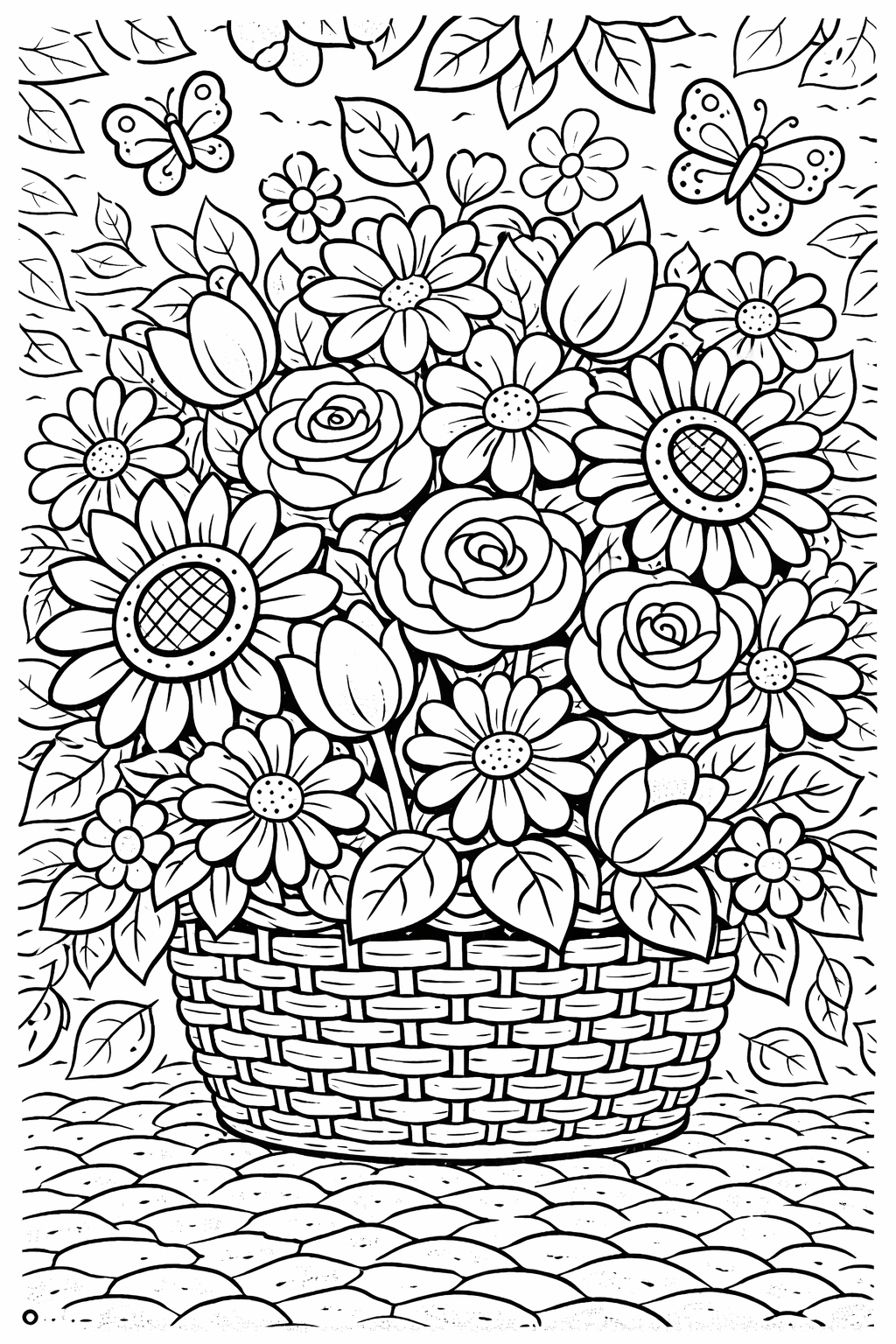 Children's coloring page depicting a detailed flower basket with sunflowers, roses, and daisies. Two butterflies enhance the scene, offering a joyful and imaginative coloring experience. Ideal for kids who love nature and creativity.