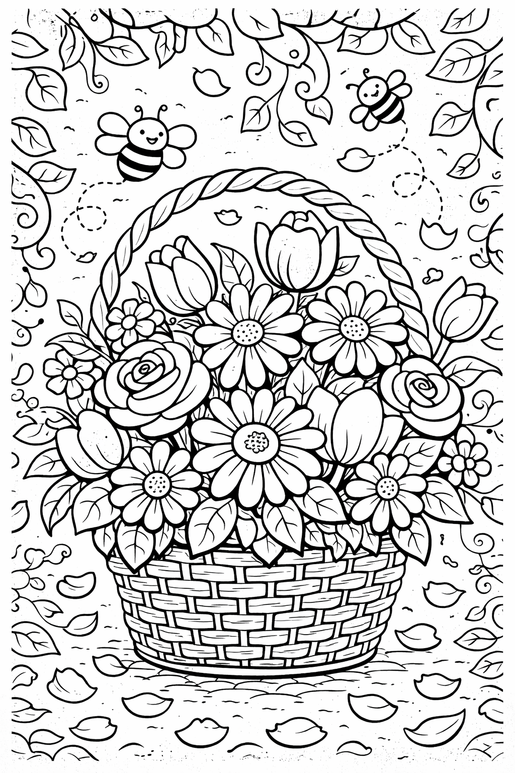 A coloring page showing a basket brimming with flowers and surrounded by buzzing bees. Falling leaves and swirling vines create a charming background.