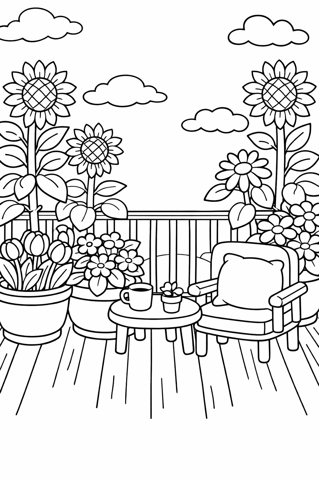 A children's coloring page depicting a patio filled with tall sunflowers, various blooming flowers, a comfortable chair, and a small table with a cup beside potted plants.