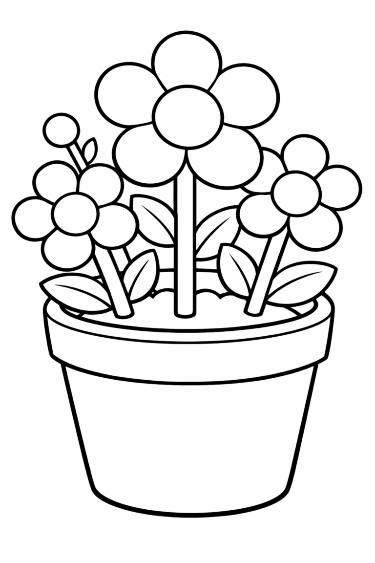 A cheerful flower pot with multiple blooming flowers, providing children with a fun and creative coloring experience focused on nature and floral designs.