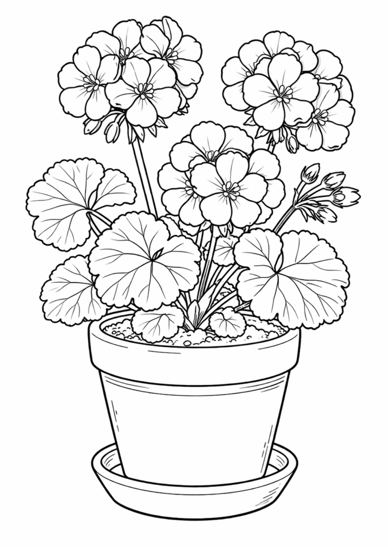 A charming coloring page displaying a flower pot brimming with detailed flowers and leaves. It offers children a chance to use a variety of colors, encouraging artistic expression and creativity.