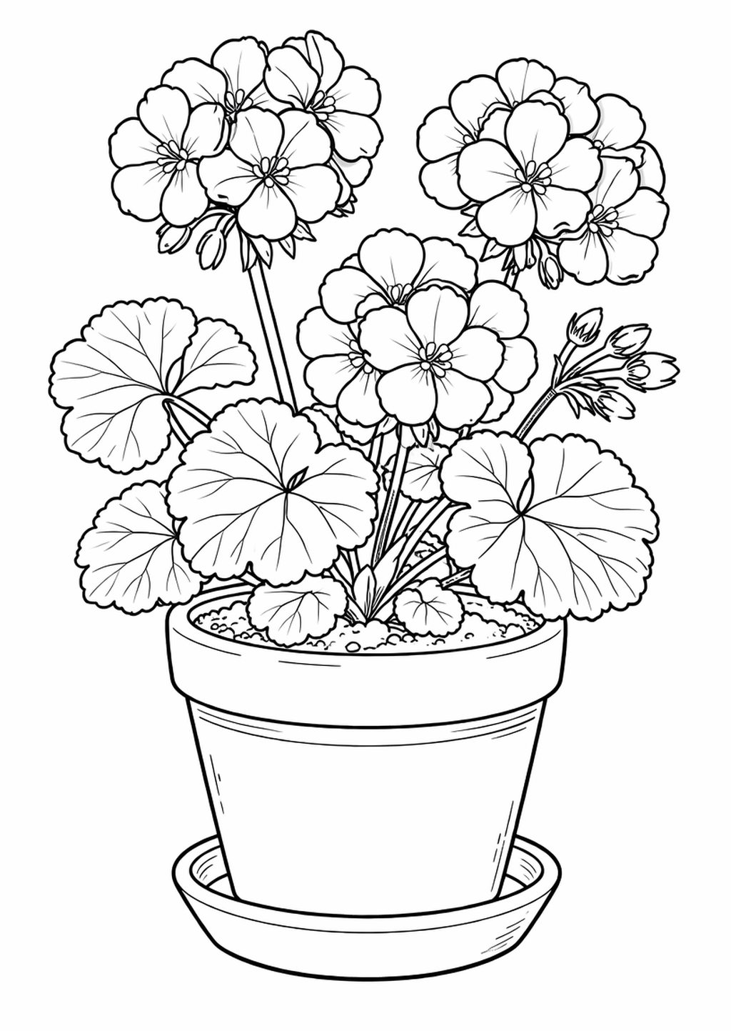 A charming coloring page displaying a flower pot brimming with detailed flowers and leaves. It offers children a chance to use a variety of colors, encouraging artistic expression and creativity.