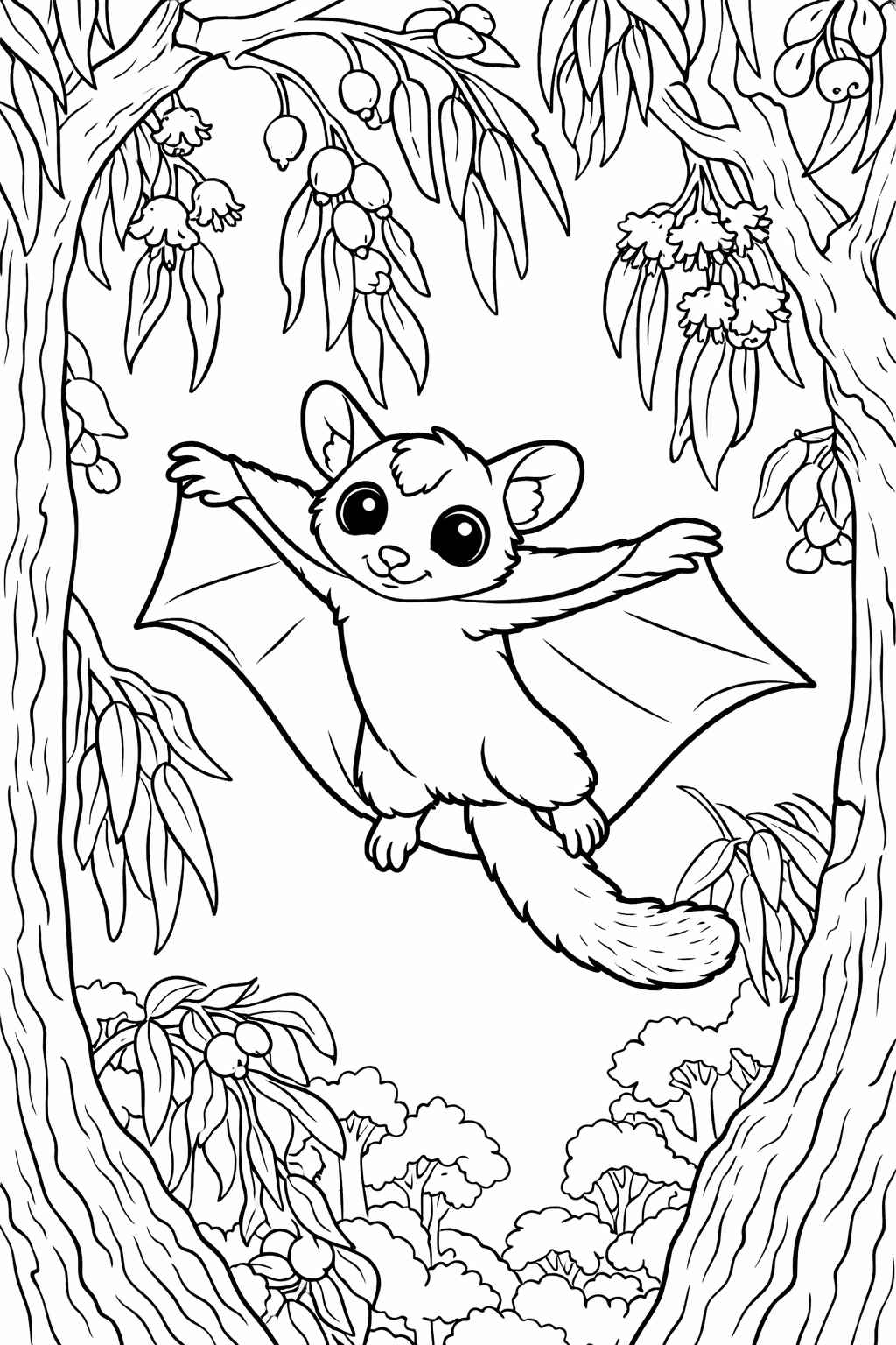 A cute flying possum is shown gliding in a forest, with trees and flowers around. This coloring page invites children to add their artistic touch to the vibrant natural scene.