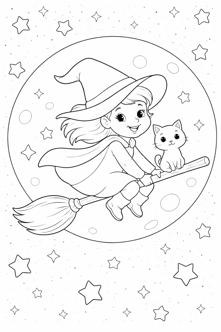 A coloring page featuring a young witch on a broomstick with a cat, flying under a starry night sky and a bright moon.