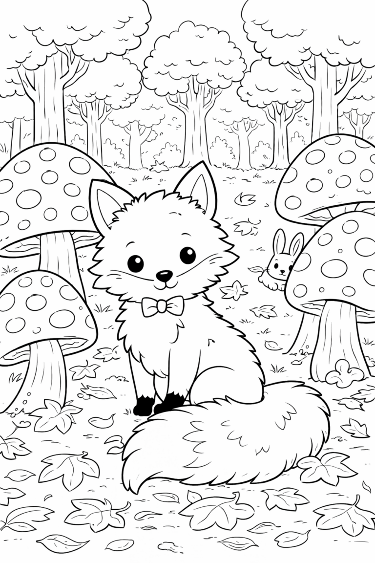 A cute fox in a forest setting with tall mushrooms and a bunny peeking from behind. Children can color the fox's bow tie and the serene woodland surroundings, engaging their creativity while exploring nature.