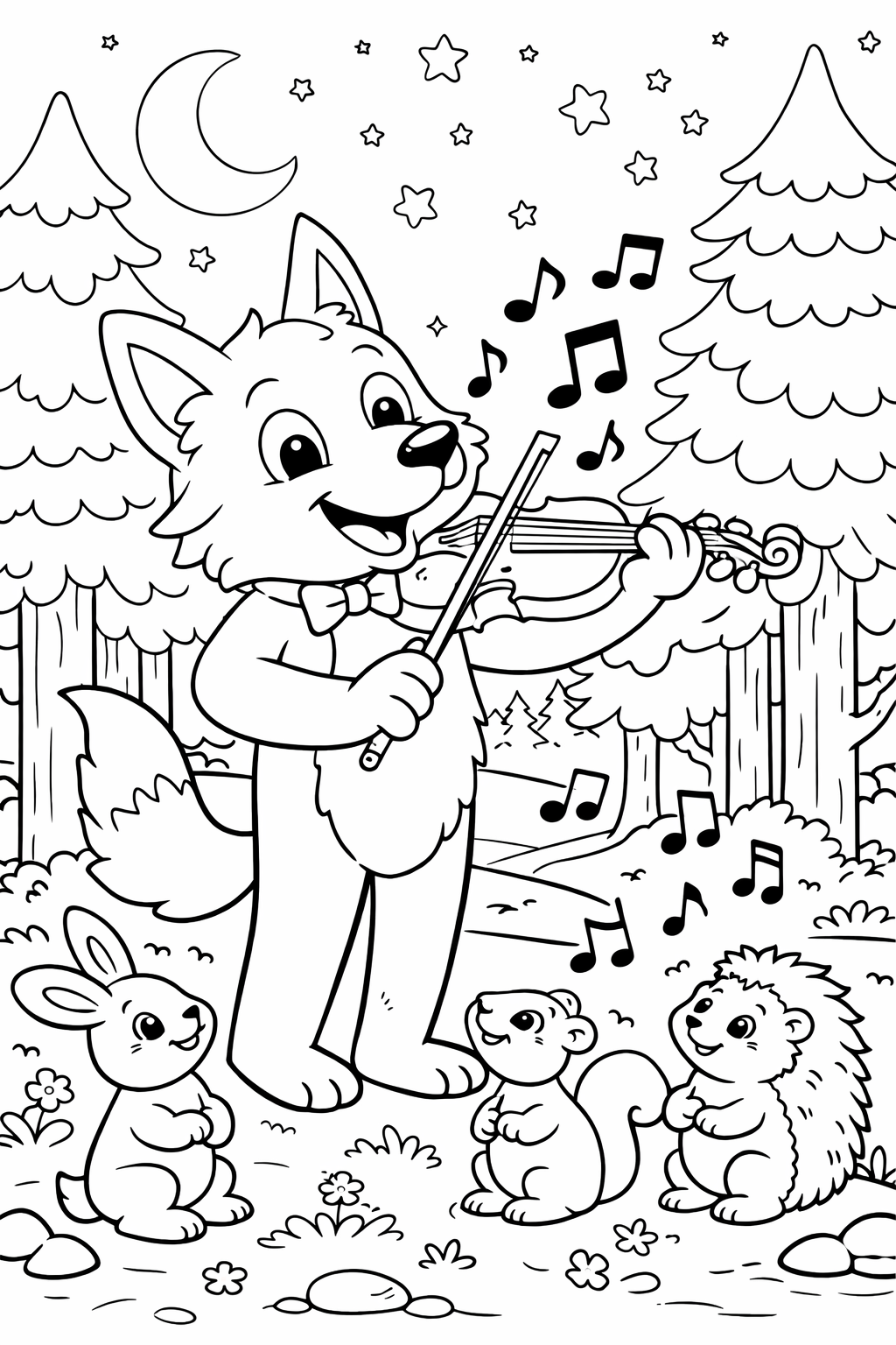 A cheerful fox plays the violin in a forest while a rabbit, squirrel, and hedgehog watch. The night sky and musical notes enhance the scene.