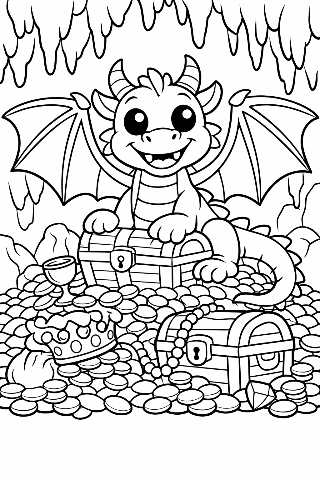 Coloring page of a friendly dragon in a cave filled with treasures including chests, coins, a crown, and jewels, inviting children to color it creatively.