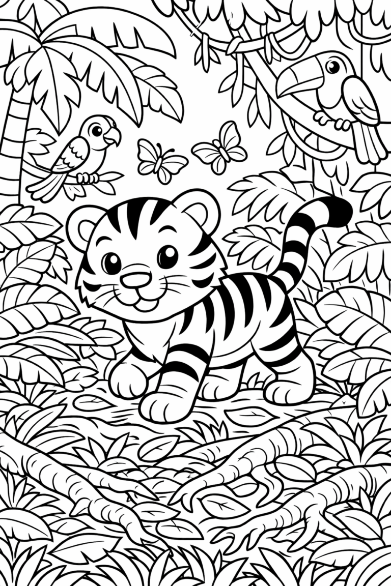 Coloring page of a friendly tiger in a jungle, surrounded by leafy trees, birds, and butterflies. Ideal for children to explore their creativity while learning about jungle animals.