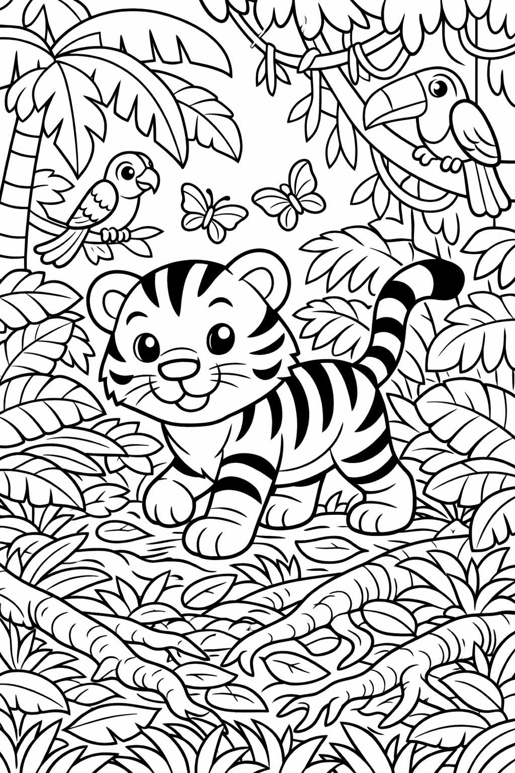 Coloring page of a friendly tiger in a jungle, surrounded by leafy trees, birds, and butterflies. Ideal for children to explore their creativity while learning about jungle animals.