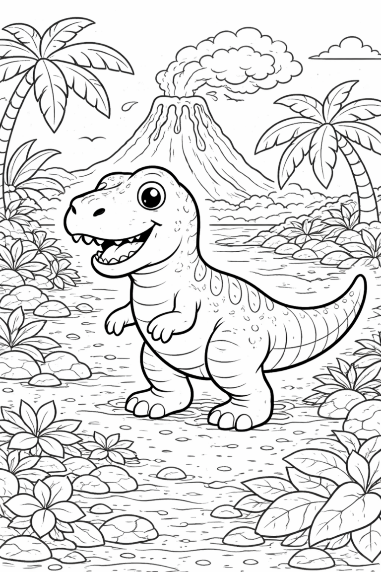 Friendly T-rex stands cheerfully in a jungle setting with a distant volcano and lush plants, making for an imaginative coloring experience for children.