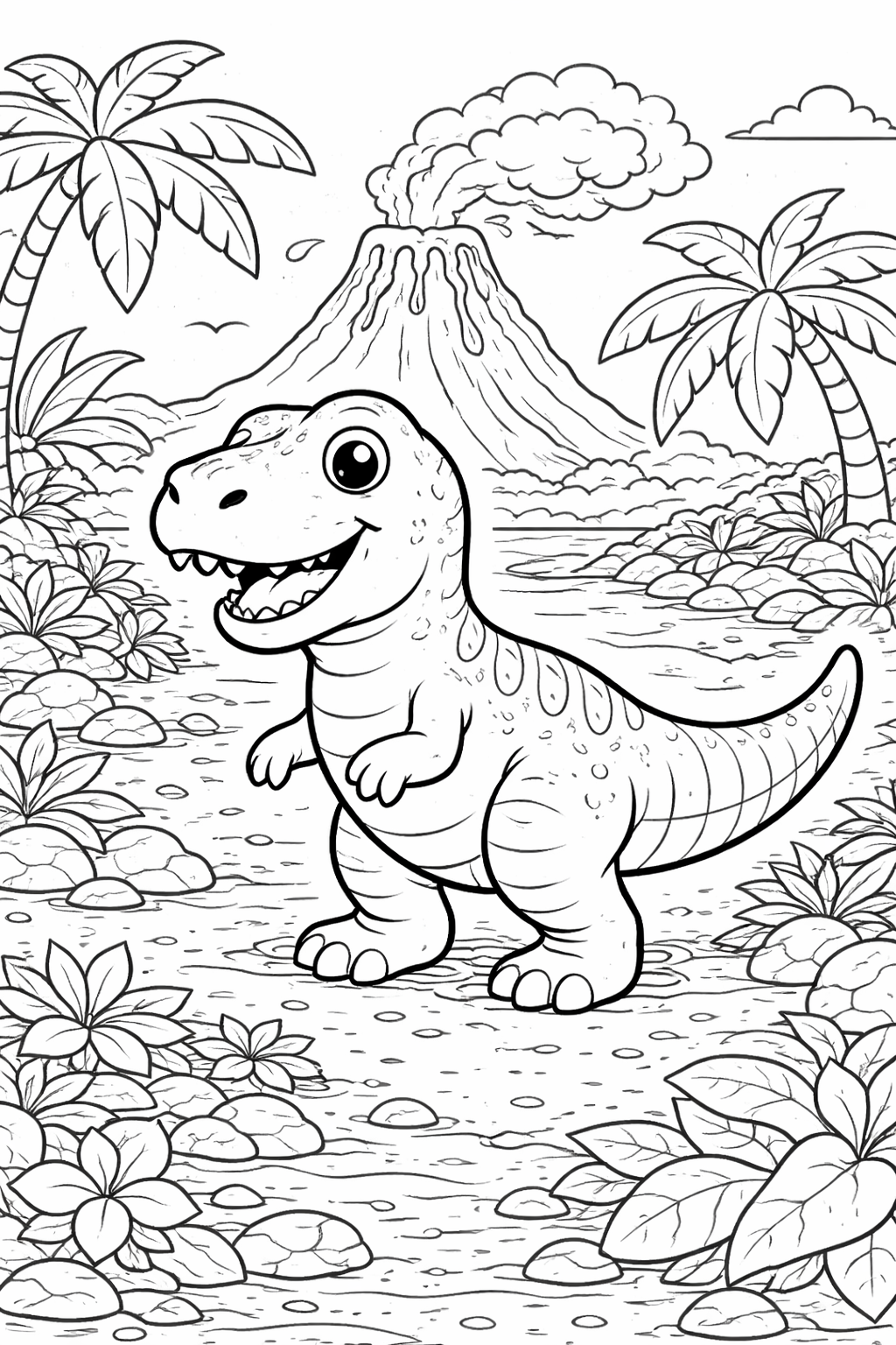 Friendly T-rex stands cheerfully in a jungle setting with a distant volcano and lush plants, making for an imaginative coloring experience for children.