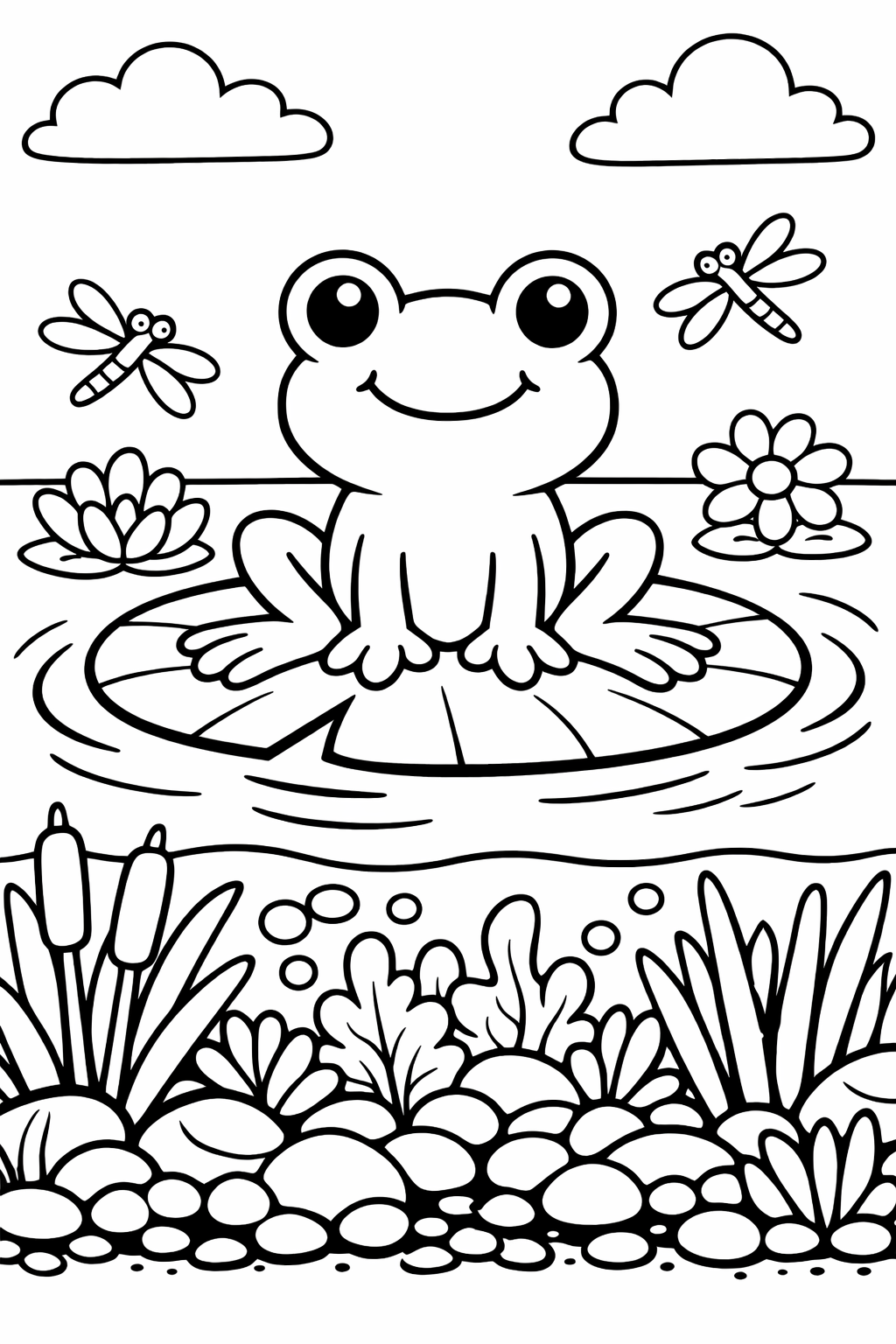 A cheerful frog sits on a lily pad in a pond, surrounded by dragonflies, clouds, and various pond plants, inviting children to color and explore this lively and peaceful nature scene.