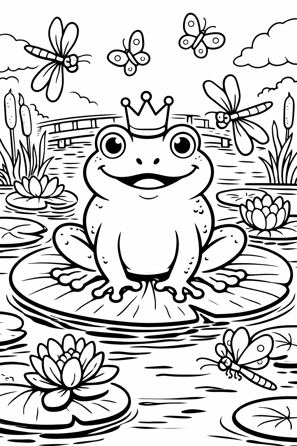 Coloring page showing a charming frog prince on a lily pad, surrounded by cattails and friendly flying insects, inviting children to explore a fairy tale setting and enjoy a creative coloring experience.