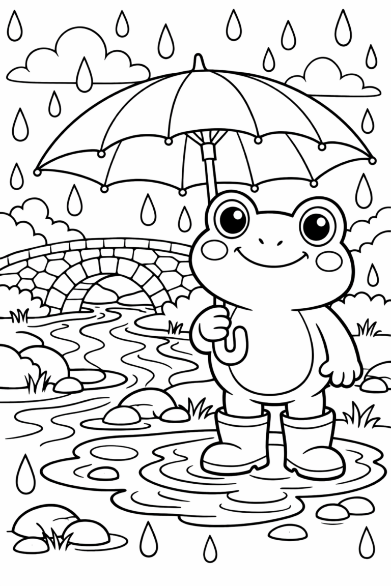 A cute frog stands under an umbrella amidst falling raindrops, with a stone bridge in the background. Children can color the scene to bring it to life.