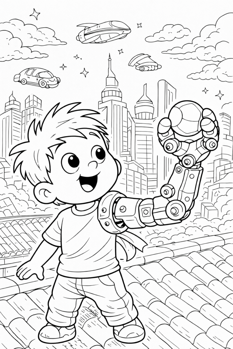 A child with a robotic arm stands in a futuristic city. The background features skyscrapers and flying vehicles. This imaginative scene is designed to inspire creativity as children color the advanced technological world depicted.