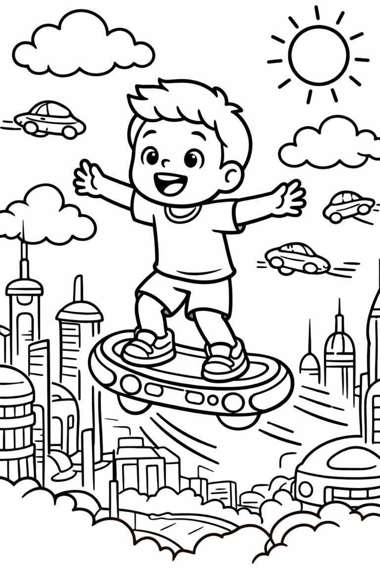 A child rides a hoverboard above a futuristic city. Skyscrapers and flying cars populate the sky. Perfect for coloring enthusiasts to explore imaginative landscapes.