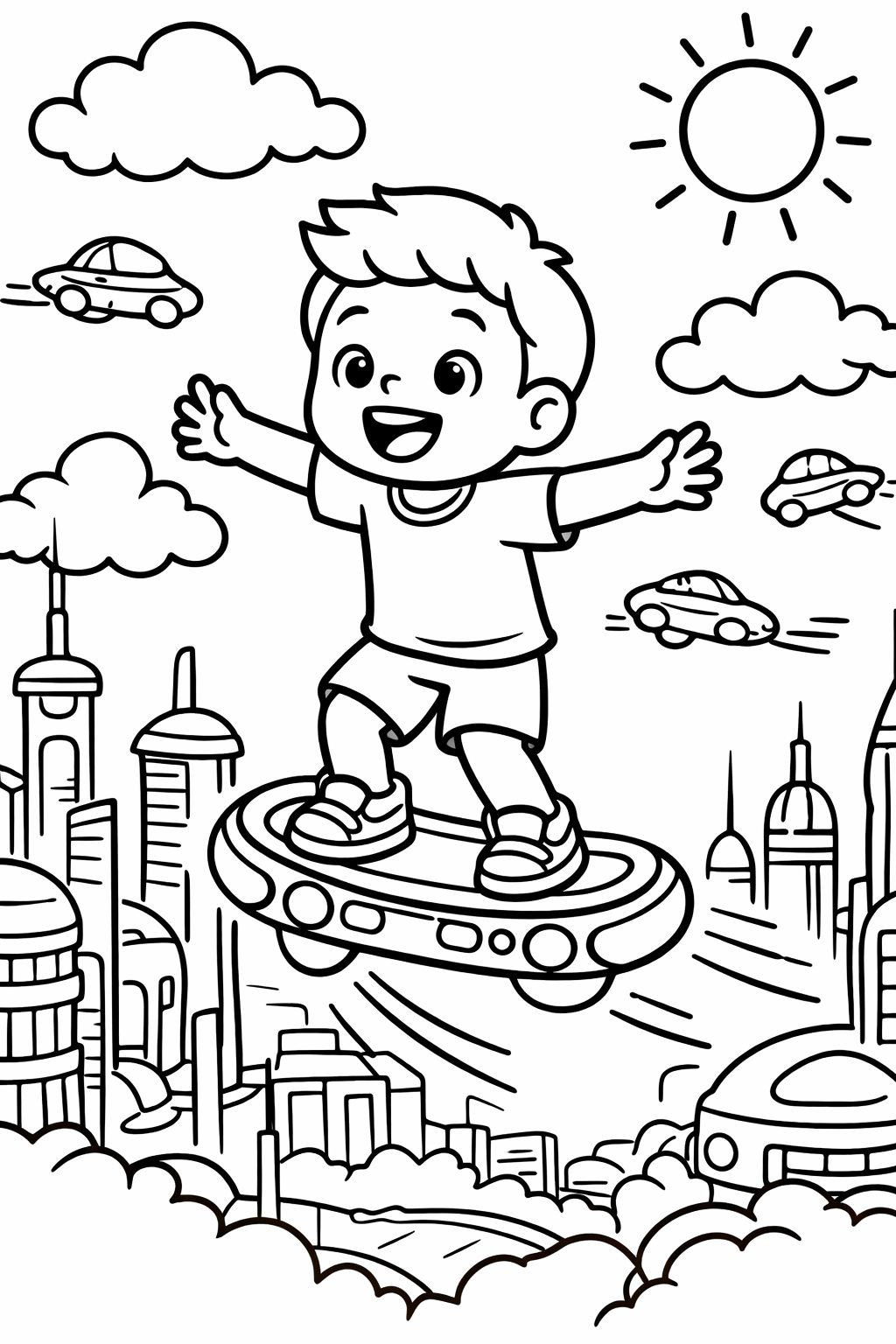 A child rides a hoverboard above a futuristic city. Skyscrapers and flying cars populate the sky. Perfect for coloring enthusiasts to explore imaginative landscapes.