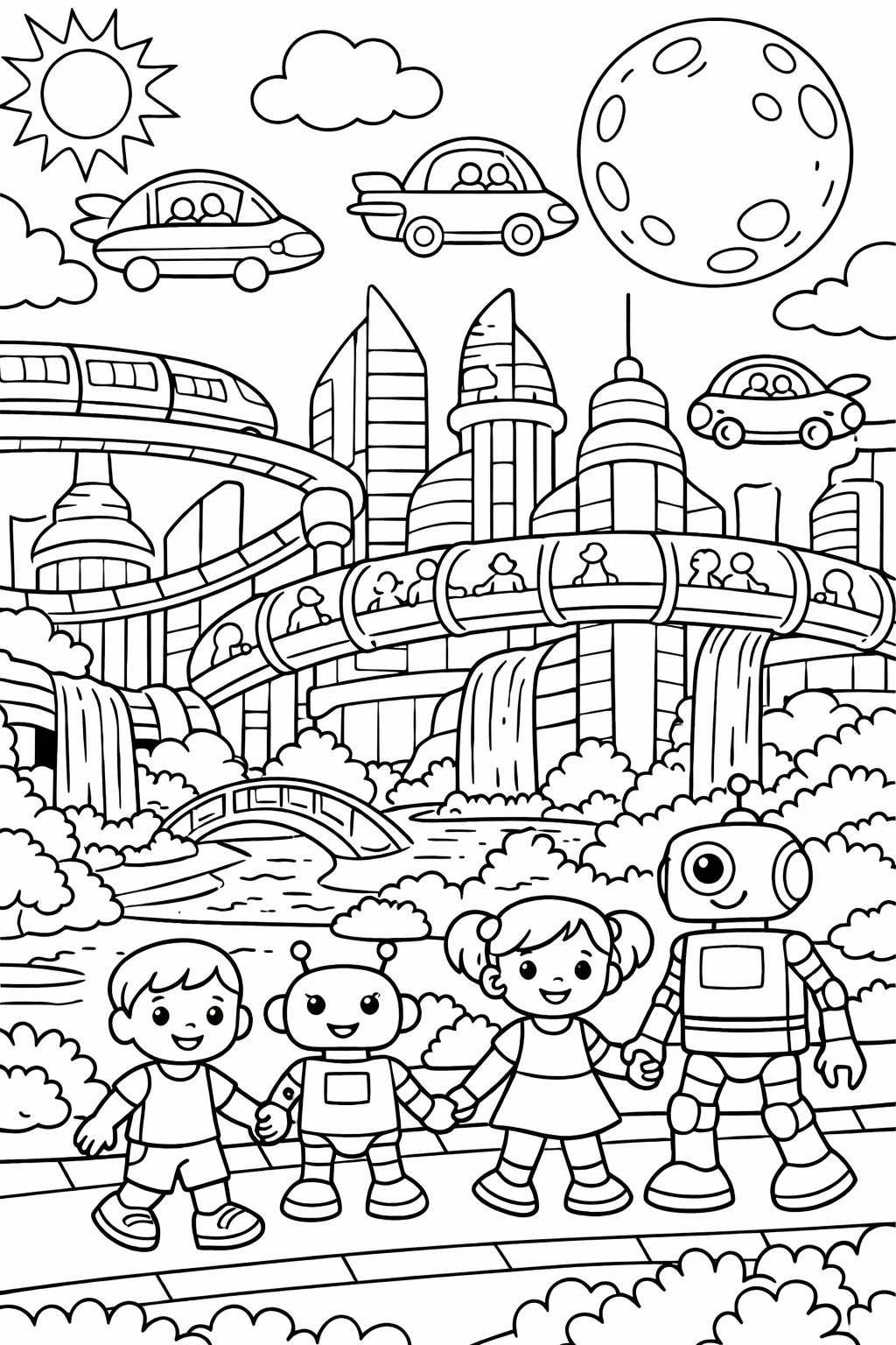 A coloring page showcasing a futuristic city with children and friendly robots, flying cars, and a vibrant skyline, encouraging creative expression through coloring.