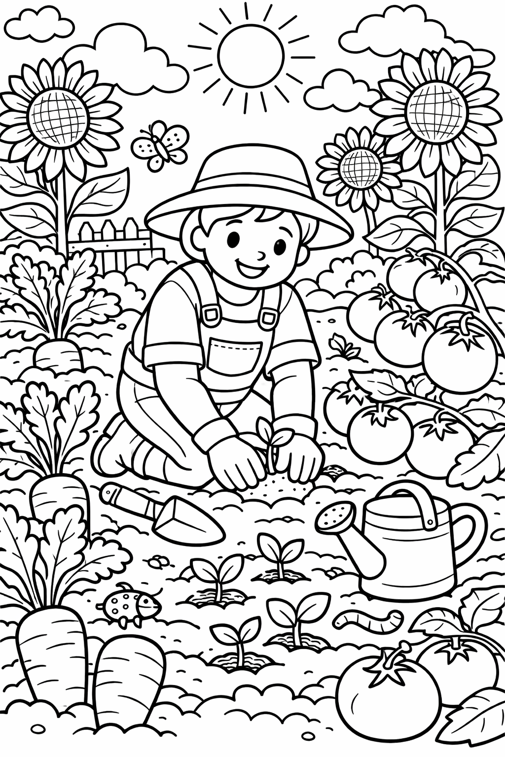 A delightful children's coloring page featuring a child gardening with sunflowers, vegetables, and garden tools. The scene is alive with a smiling child, plants, and a cheerful atmosphere perfect for kids to color.