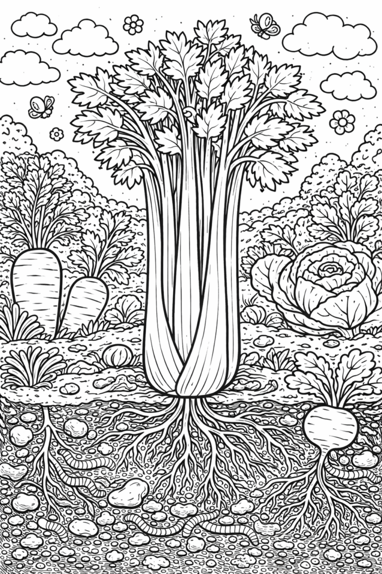 A detailed coloring page showing a garden with vegetables and their roots. Clouds and butterflies add to the natural scene, perfect for kids to color.