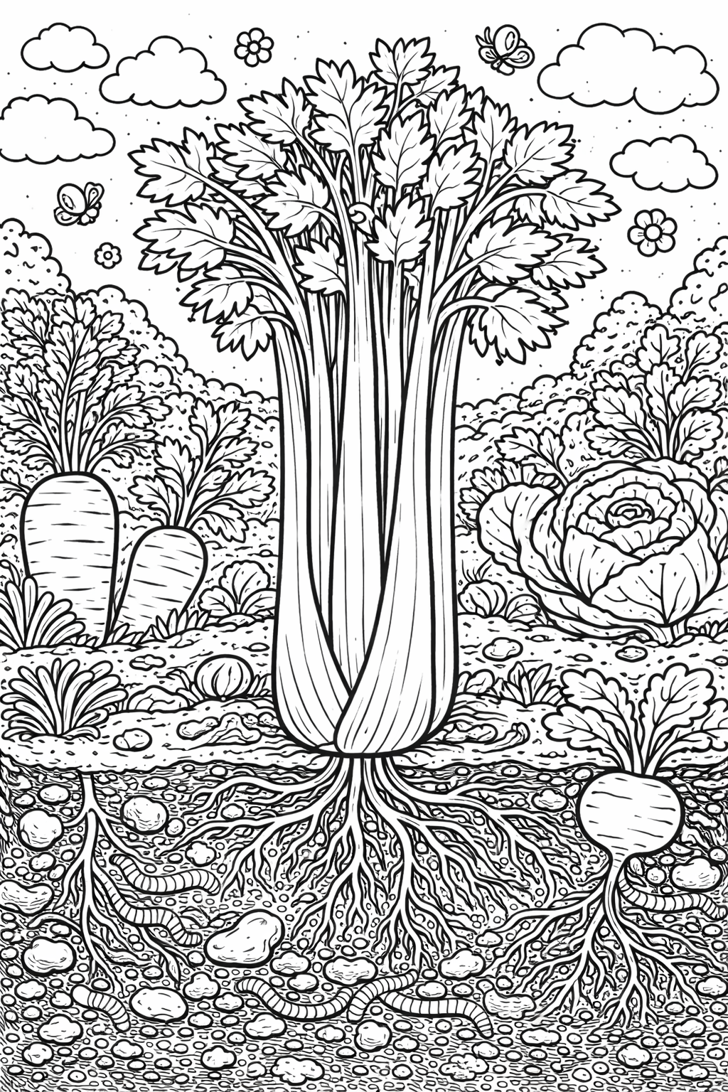 A detailed coloring page showing a garden with vegetables and their roots. Clouds and butterflies add to the natural scene, perfect for kids to color.