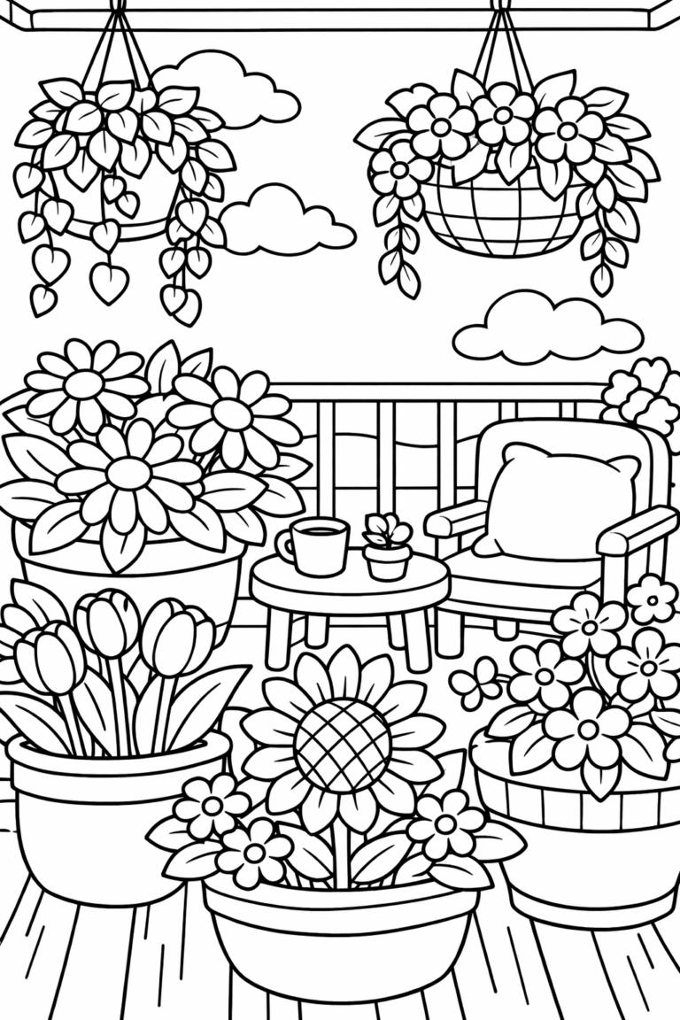 A detailed coloring page depicting a garden terrace with various potted flowers and hanging baskets. Children can enjoy coloring the cozy chair and the table with a cup on it, set against a bright sky with fluffy clouds.