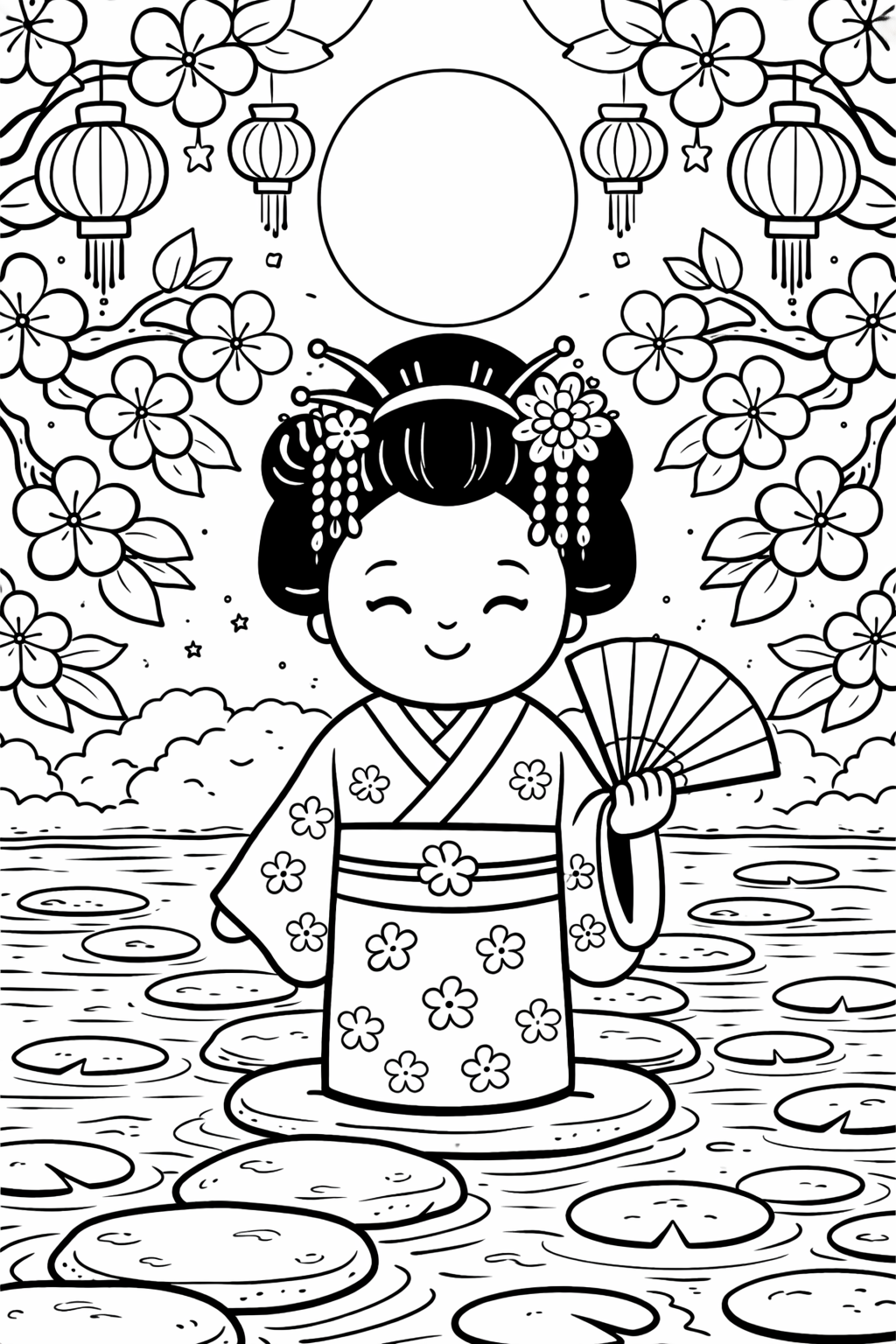 A charming geisha is depicted on this coloring page, complete with cherry blossoms and lanterns. Children can enjoy adding vibrant colors to this peaceful and culturally rich scene, encouraging creativity and learning through art.