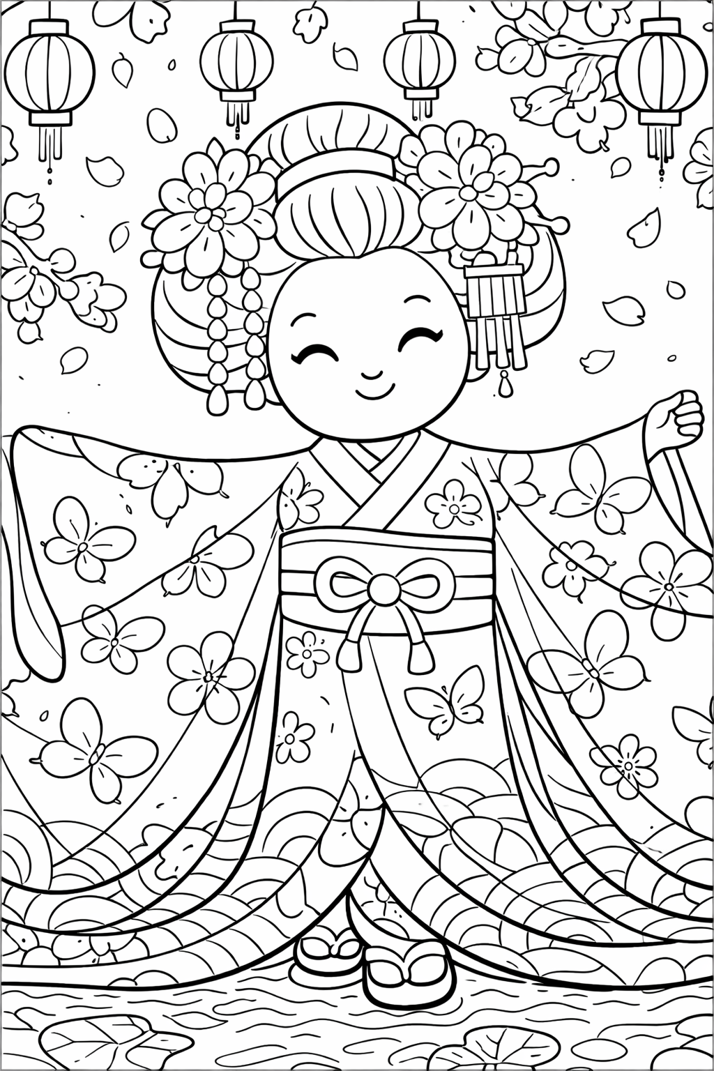 A beautifully detailed geisha coloring page for children, showcasing a smiling character in traditional attire surrounded by flowers and lanterns, offering a delightful artistic activity.