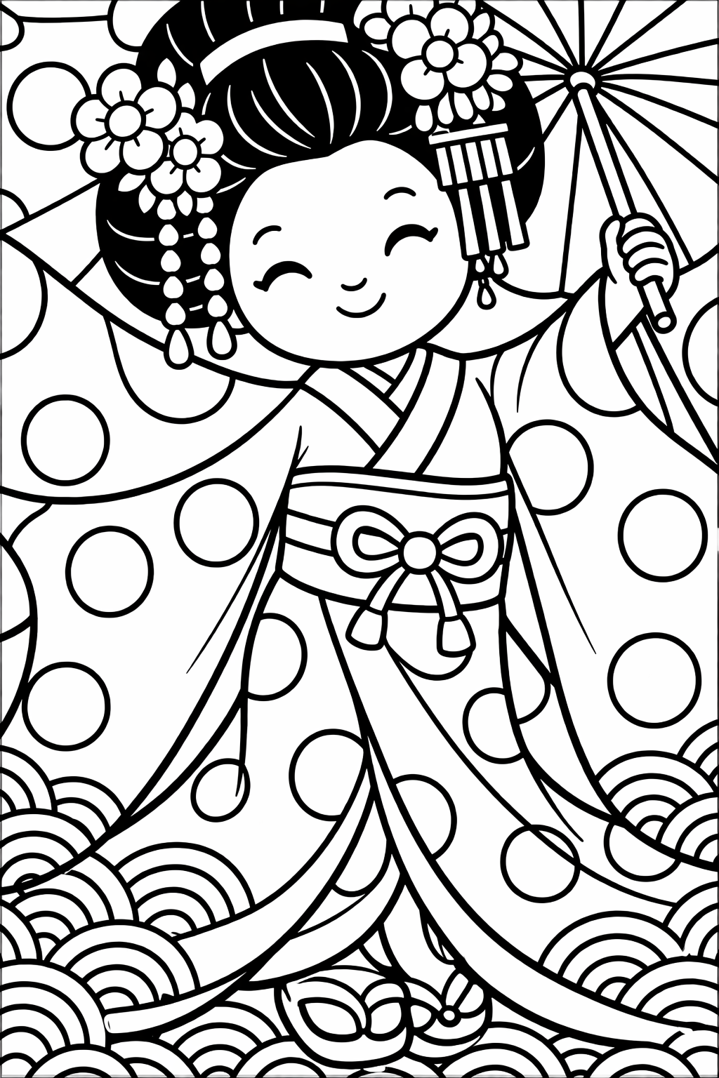 A smiling geisha holding an umbrella, dressed in a traditional kimono with floral decorations. The intricate details offer kids an opportunity to explore colors while learning about Japanese culture.