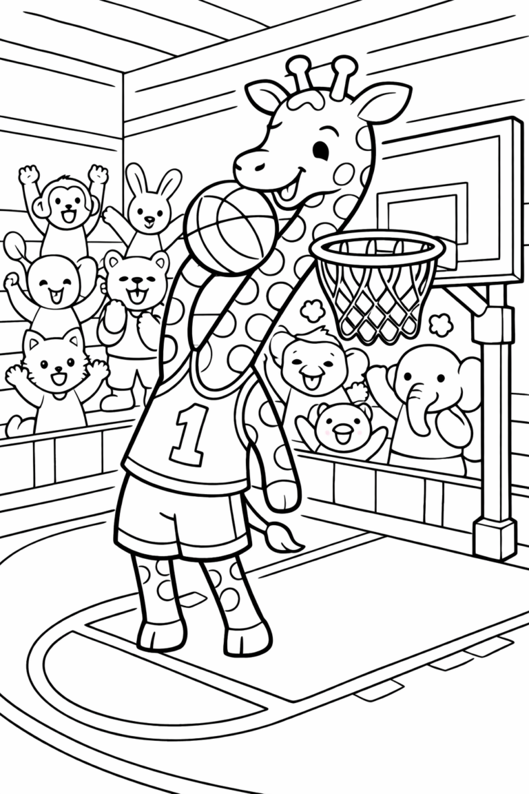 A whimsical coloring page depicting a giraffe playing basketball in front of a cheering animal crowd, adding a playful twist to a sports scene for children to enjoy coloring.