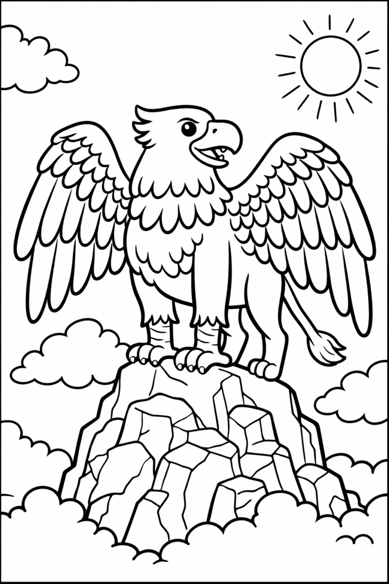 A mythical gryphon stands proudly on a rocky peak with wings outstretched. The sky is clear with the sun overhead. This enchanting scene promises hours of coloring fun for children, encouraging creativity and imagination.