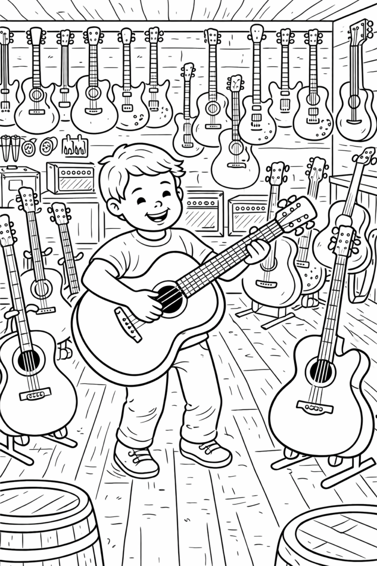 A cheerful boy plays a guitar in a shop, surrounded by various guitars and amplifiers. The outline invites kids to color different elements of the musical scene, sparking imagination and creativity.