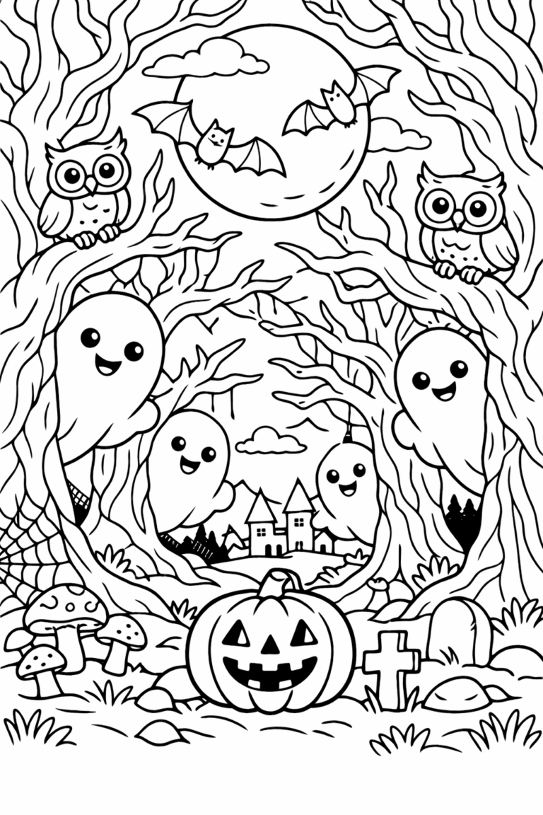 A Halloween coloring page showing cheerful ghosts, owls perched on tree branches, bats flying across the moon and a jack-o-lantern on the ground. A haunted house can be seen in the distant background, adding to the festive atmosphere.